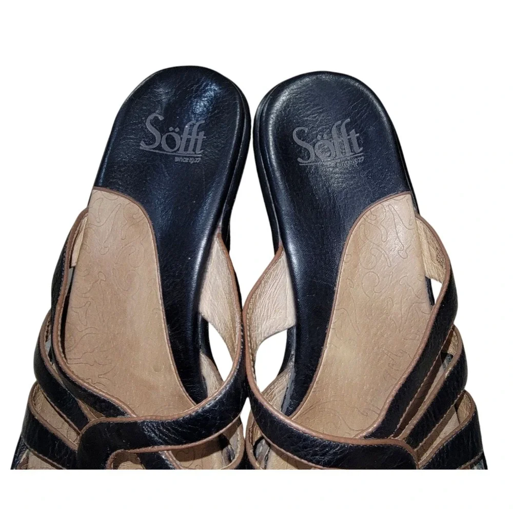 Sofft Women's Sandal Strappy‎ Slide Mule Black Leather Wedge Heel Size 9 M